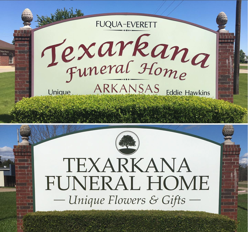 Before and after photos of Texarkana Funeral Home monument sign in Texarkana, AR