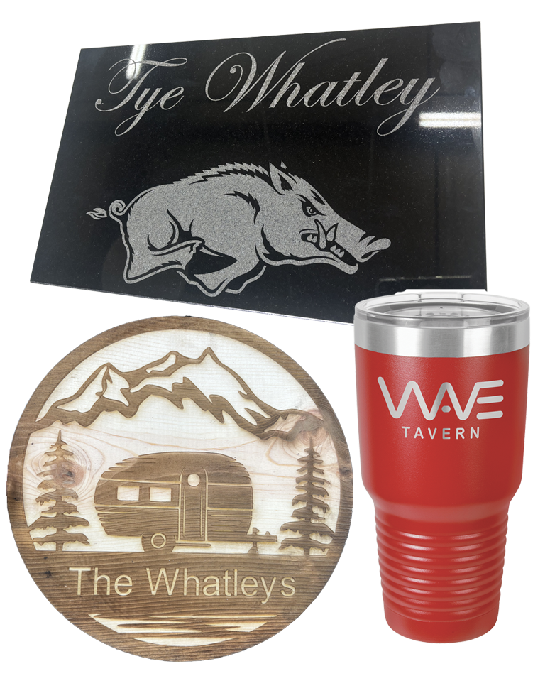 Laser engraved granite, wood, and metal cup examples