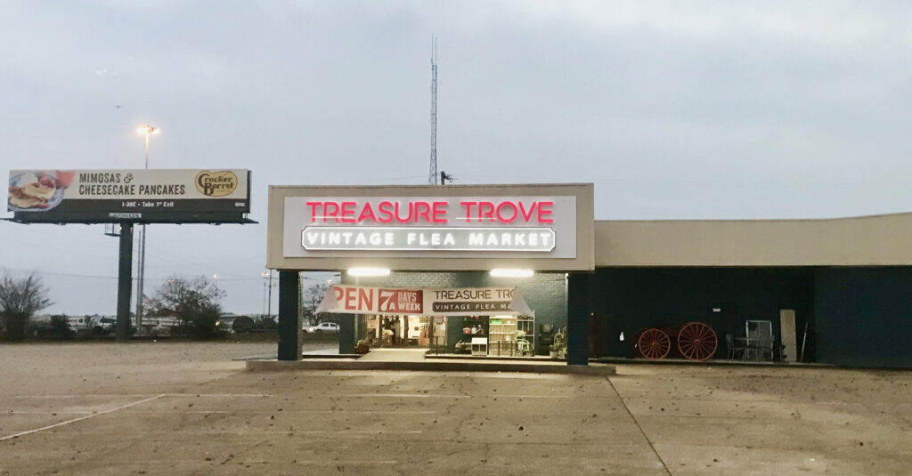 Internally lit channel letters & cloud sign for Treasure Trove Vintage Flea Market in Texarkana, TX