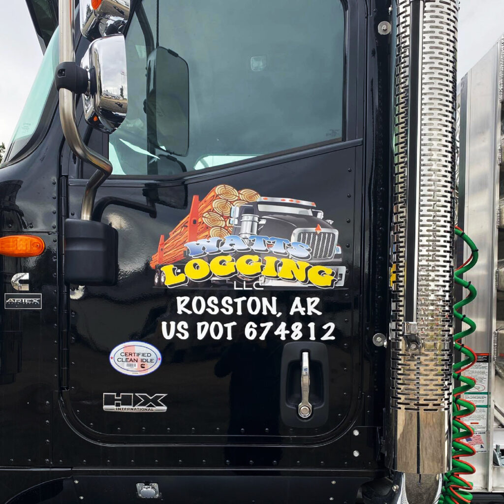 Watts Logging vinyl truck wrap and DOT numbers